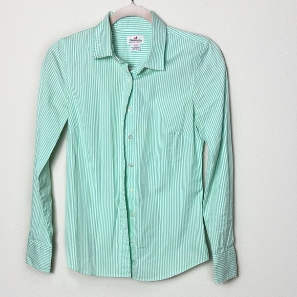 J. Crew Haberdashery Shirt Green White Striped Button Down Long Sleeves size XXS - Picture 9 of 9